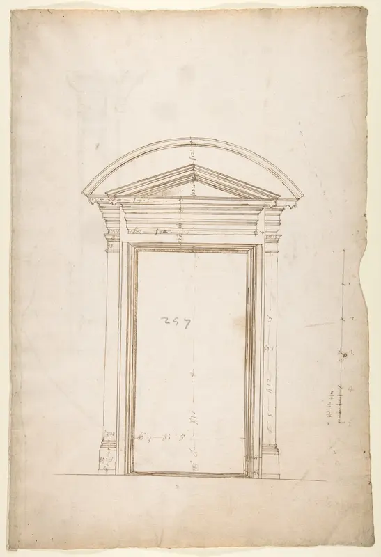 San Lorenzo, Library, Ricetto, entry portal from library, elevation (recto) San Lorenzo, Library, Ricetto, entry portal from library, plan and section (verso)