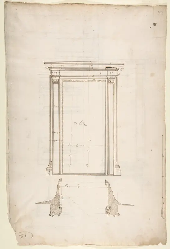 San Lorenzo, Library, Ricetto, portal from cloister, elevation; plan (recto) San Lorenzo, Library, Ricetto, portal from cloister, section; details (verso)