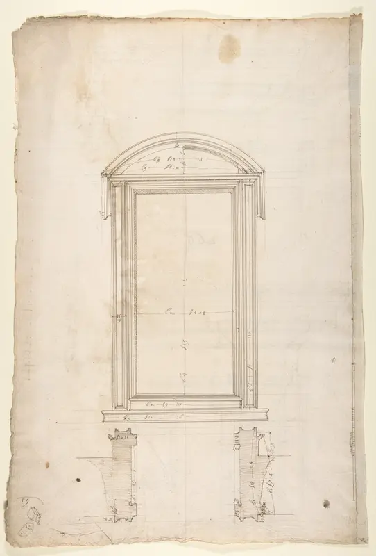 San Lorenzo, Library, Ricetto, portal to Ricetto, elevation; plan (recto) San Lorenzo, Library, Ricetto, portal from cloister, details (verso)