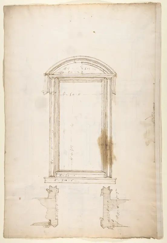 San Lorenzo, Library, Ricetto, portal to Ricetto, elevation; plan (recto) San Lorenzo, Library, Ricetto, portal to Ricetto, section; details (verso)