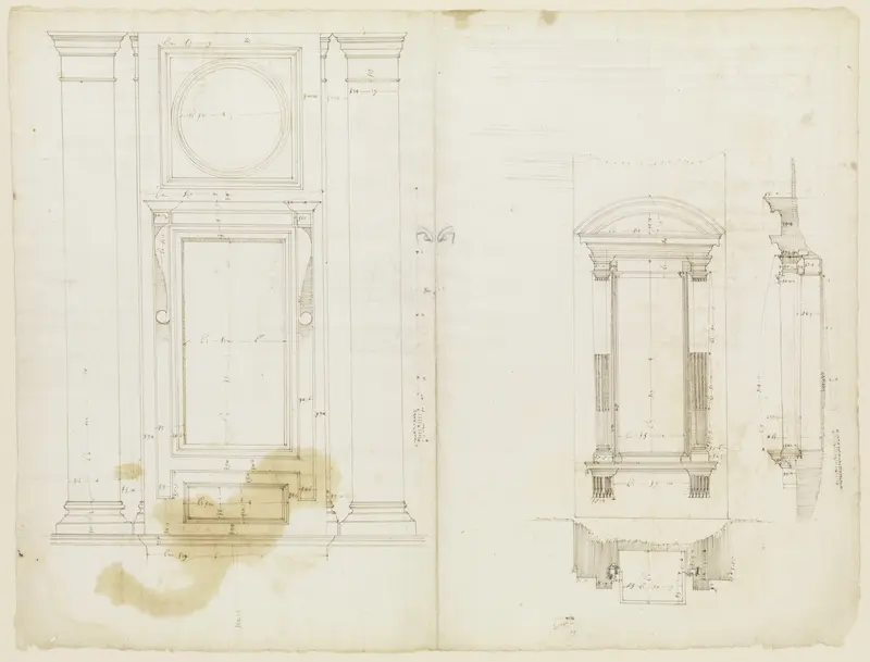 San Lorenzo, Library, Ricetto, upper window, elevation; niche,elevation, plan, and section (recto) San Lorenzo, Library, Ricetto, niche, details; upper window, details, elevation (verso)