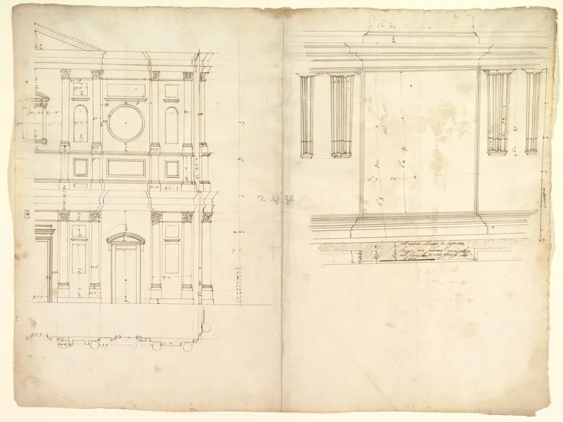 San Lorenzo, model, right half façade (left hand of folio); San Lorenzo, Library, Ricetto, consoles, elevation (right hand) (recto) blank (verso)