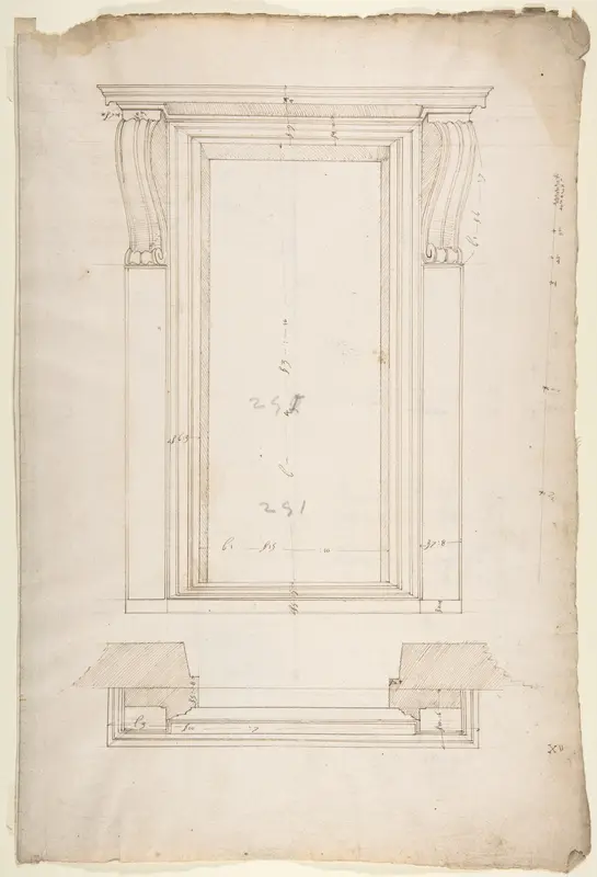 San Lorenzo, New Sacristy, portal, plan; elevation (recto) San Lorenzo, New Sacristy, portal, details (verso)