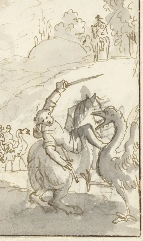 Sancho Panza vechtend met een struisvogel Wall Art by Caspar Luyken - High-Resolution Digital Print
