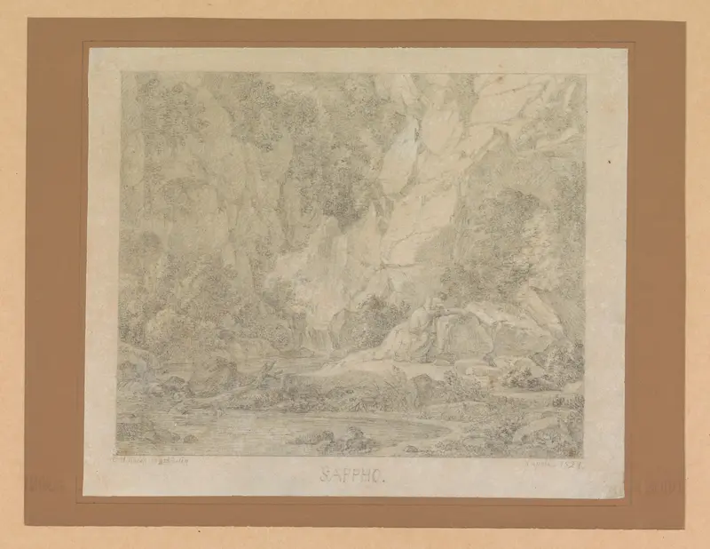 Sappho bij een meer in een berglandschap Wall Art by Unknown - High-Resolution Digital Print
