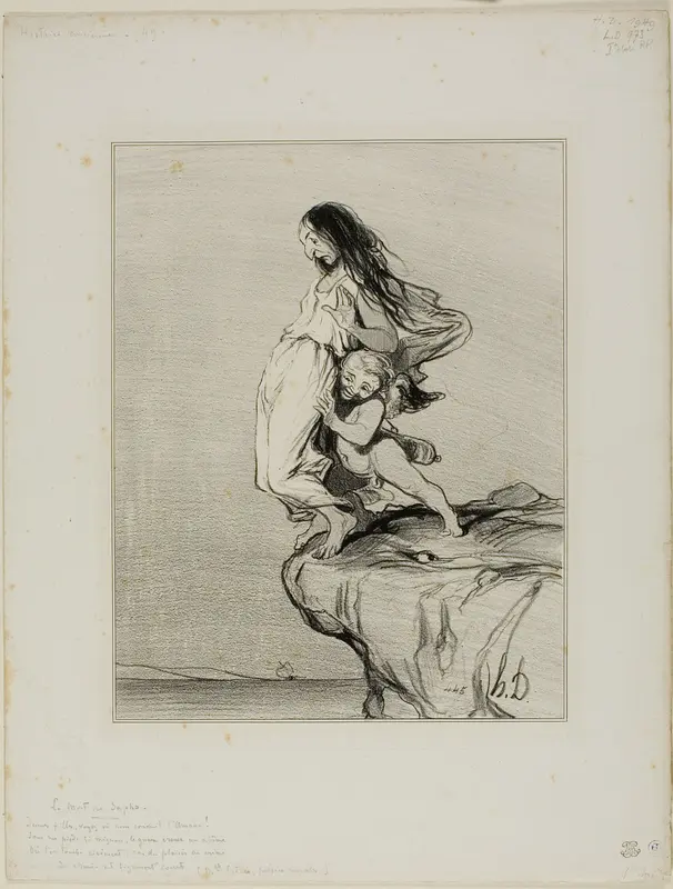 Sappho's Death. “Young ladies, you see where love leads us Under our feet so dainty and small The wretched chasm of an abyss Into which we eventually fall,” plate 49 from Histoire Ancienne