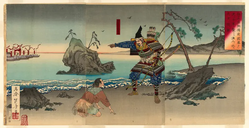 Sasaki Moritsuna Asking Fisherman to Reveal the Shallows Where His Troops can Cross and Attack the Taira Forces at Fujito in Bizen Province (Sasaki Moritsuna Bizen no kuni Fujito no watari ni Heigun o osowanto gyojin ni mizu no senshin o tou zu)