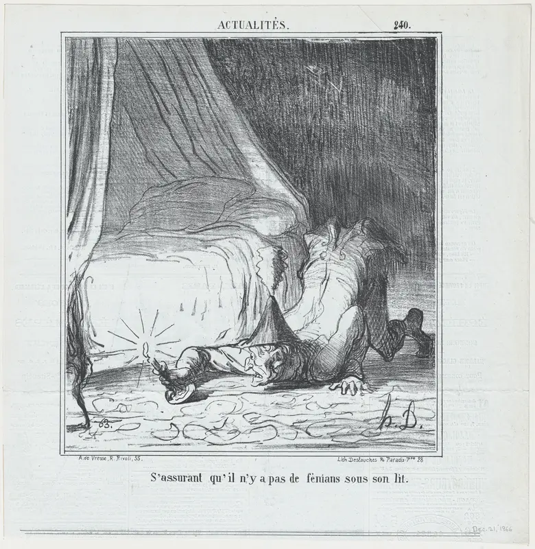 S'assurant qu'il n'y a pas de féniant sous son lit, from Actualités, published in Le Charivari, December 21, 1866 Wall Art by Honoré Daumier - High-Resolution Digital Print