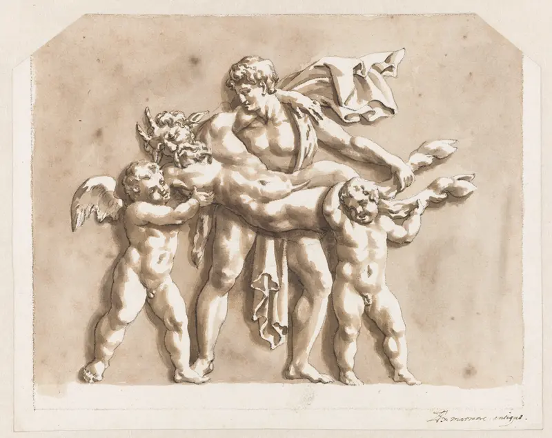 Sater, gedragen door twee putti en een jongeman Wall Art by Jan de Bisschop - High-Resolution Digital Print