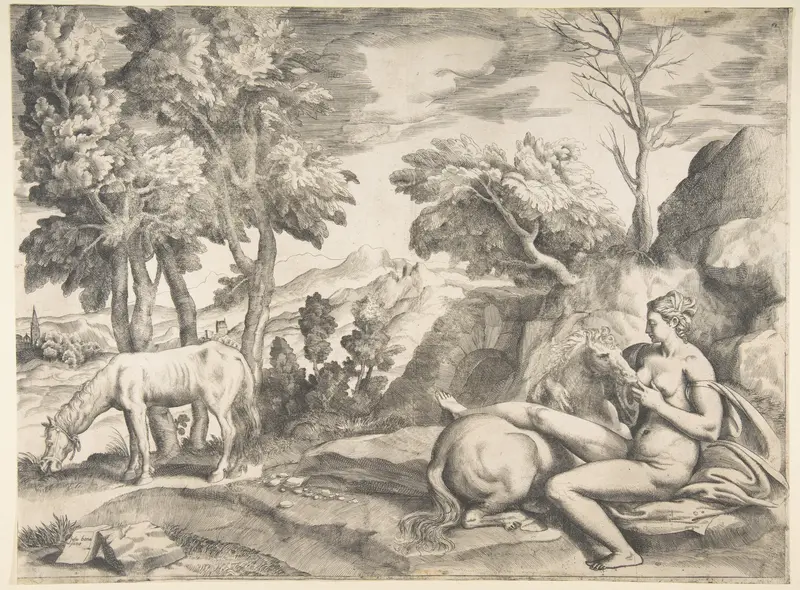 Saturn in the guise of a horse being suckled by the nymph Philyra Wall Art by Giulio Bonasone - High-Resolution Digital Print