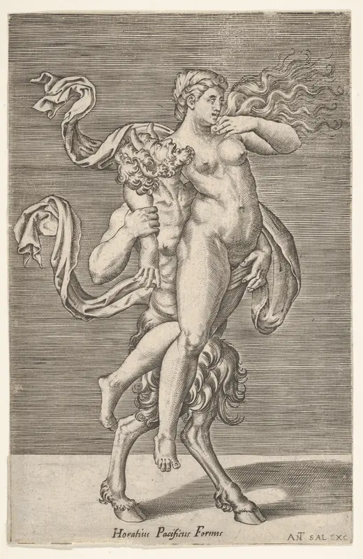 Satyr carrying a nymph, whose right arm is wrapped around the satyr's neck, with a planar background Wall Art by Giulio Romano - High-Resolution Digital Print
