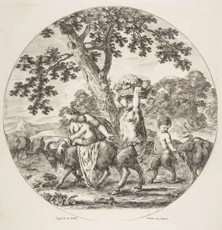 Satyr family walking towards the left with two goats and a basket of grapes Wall Art by Stefano della Bella - High-Resolution Digital Print
