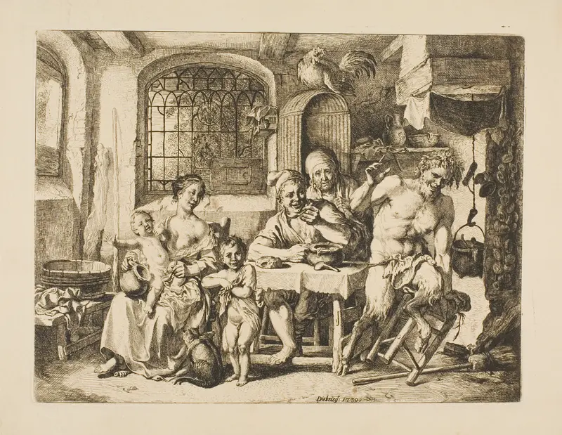 Satyr in a Peasant's House, in the Style of Jordaens Wall Art by Christian Wilhelm Ernst Dietrich - High-Resolution Digital Print