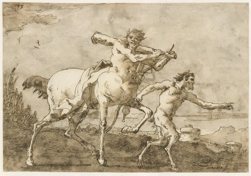 Satyr Leading a Centaur, Who Carries a Club, Bow and Quiver, Outside the Walls of a City Wall Art by Giovanni Domenico Tiepolo - High-Resolution Digital Print