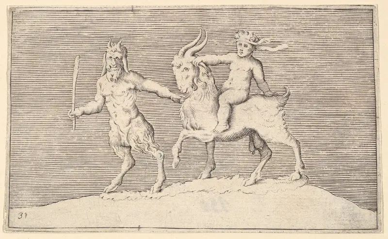 Satyr Leading Goat on which a Infant Rides, from "Ex Antiquis Cameorum et Gemmae Delineata" Wall Art by Anonymous, Italian, 16th century - High-Resolution Digital Print