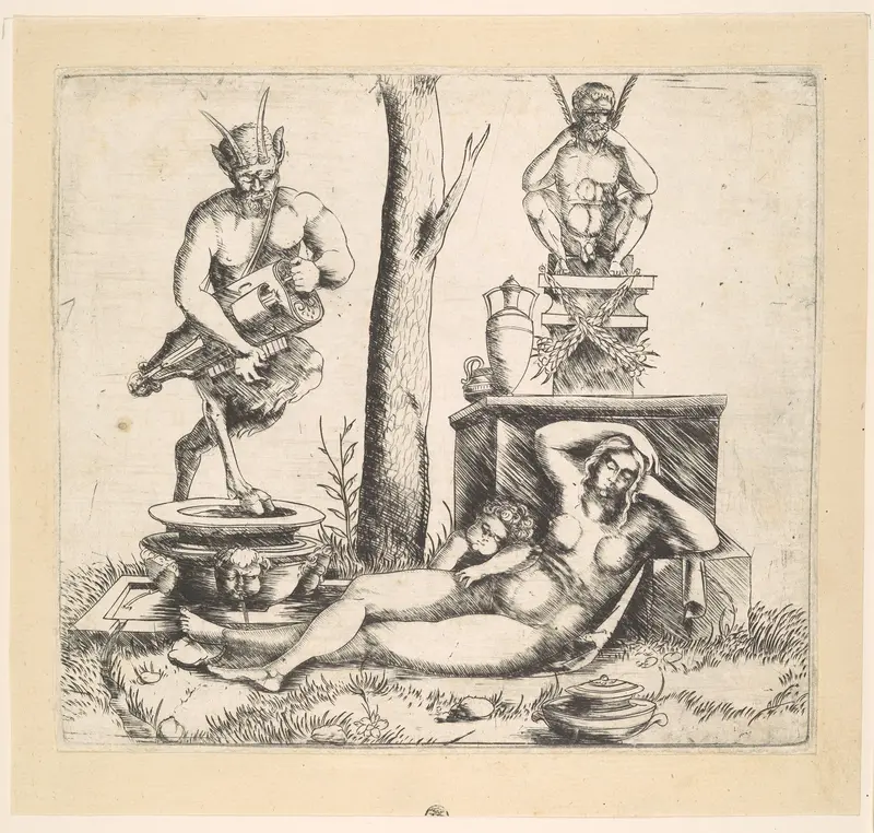 Satyr playing a lyre and a sleeping nymph Wall Art by Master of 1515 - High-Resolution Digital Print