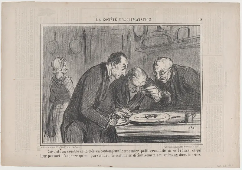 Savants au comble de la joie en contemplant le premier petit crocodile né e France..., from La Société d'Acclimatations, published in Le Charivari, October 23, 1858 Wall Art by Honoré Daumier - High-Resolution Digital Print
