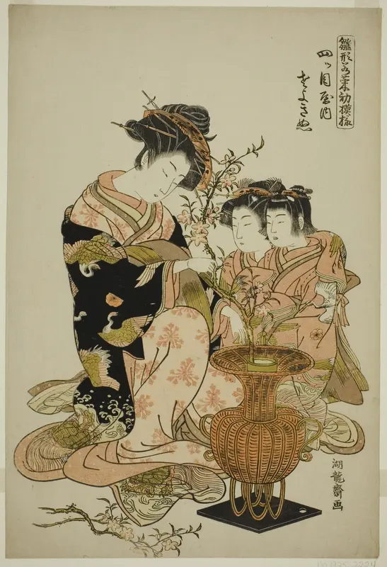 Sayoginu of the Yotsumeya, from the series "Models for Fashion: New Designs as Fresh as Young Leaves (Hinagata wakana hatsu moyo)" Wall Art by Isoda Koryusai - High-Resolution Digital Print