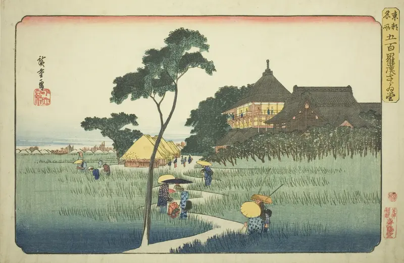 Sazai Hall at the Temple of the Five Hundred Arhats (Gohyaku rakan Sazaido), from the series "Famous Places in the Eastern Capital (Toto meisho)"