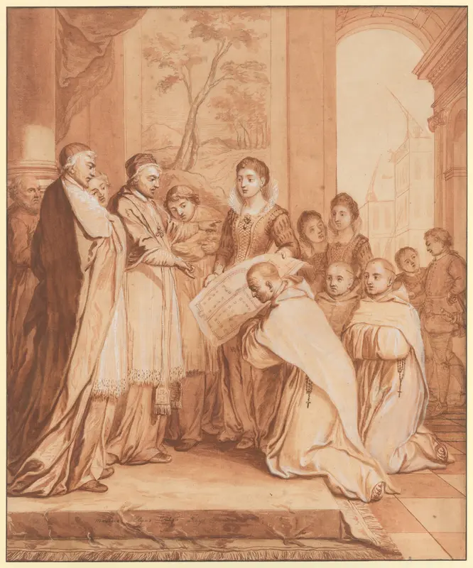 Scene 31: Foundation of a second Feuillant monastery in Rome, dedicated to Saint Bernard, in 1594, thanks to the generosity of Caterina de' Nobili, niece of Pope Julius III and widow of Count Sforza Sforza di Santa Fiora Wall Art by Matthieu Elias - High-Resolution Digital Print