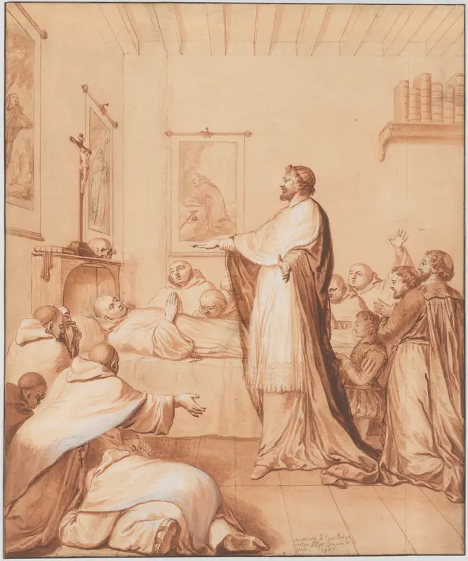 Scene 33: The Blessed Abbot, near death, receives the blessing of the pope, who sends for this purpose Cardinal d'Ossat, a close friend of the saint, whose teacher he had been; he dies in the odor of sanctity, 25 April 1600 Wall Art by Matthieu Elias - High-Resolution Digital Print
