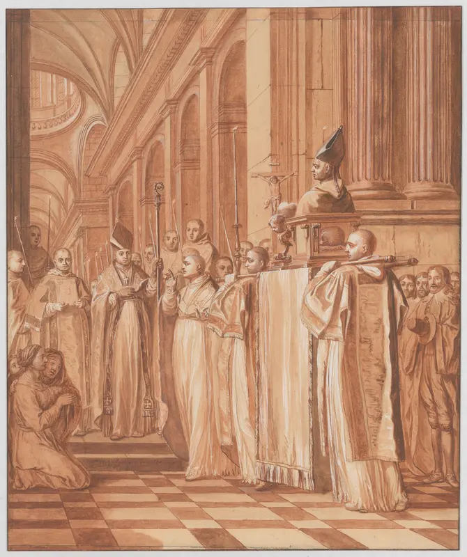 Scene 36: Reception of the heart and head of the Blessed Father Dom Jean de la Barrière, brought from Rome to his Abbey of Feuillants in 1626, where they are carefully preserved along with other relics of the Holy Abbot Wall Art by Matthieu Elias - High-Resolution Digital Print