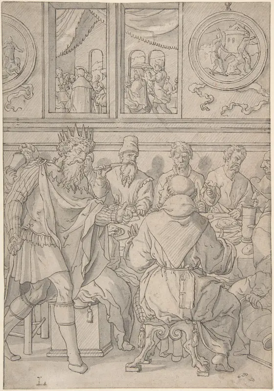 Scene from the parable of the marriage feast (Matthew 22:11-14; The king denouncing the man who was not wearing a wedding robe) Wall Art by Anonymous, Netherlandish, 16th century - High-Resolution Digital Print