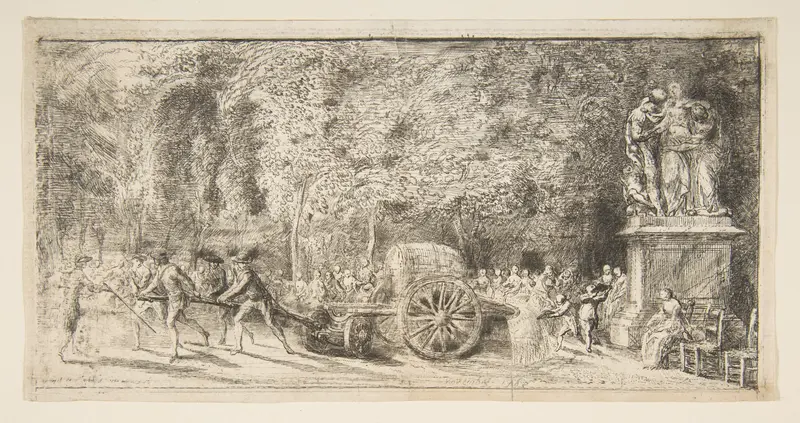 Scene in the Tuileries: The Watering Cart Wall Art by Gabriel de Saint-Aubin - High-Resolution Digital Print