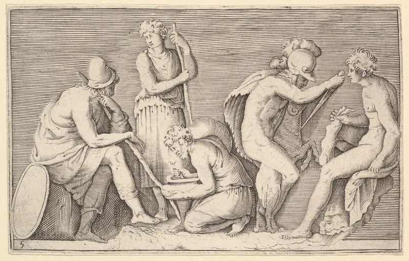 Scene of Sacrifice with Warrior Killing Ram and Four Other Figures, from "Ex Antiquis Cameorum et Gemmae Delineata/ Liber Secundus/et ab Enea Vico Parmen Incis" Wall Art by Anonymous, Italian, 16th century - High-Resolution Digital Print