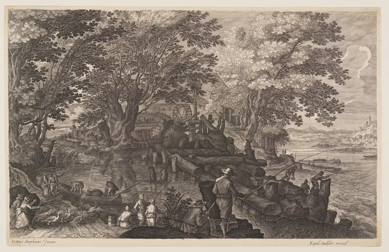 Scene One: Watermill on an Island in a River with Men Fishing, from Eight Scenes from Bohemia Wall Art by Aegidius Sadeler, II - High-Resolution Digital Print
