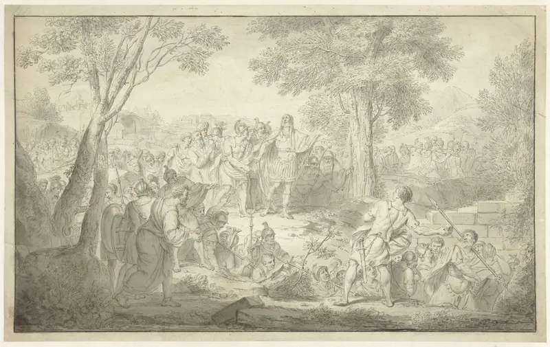 Scène uit de antieke geschiedenis: een man gooit een steen naar een romeinse veldheer Wall Art by Louis Fabritius Dubourg - High-Resolution Digital Print