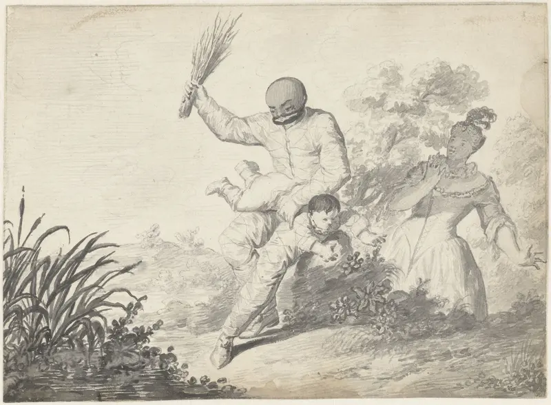 Scène uit de Commedia dell'Arte met jongen die slaag krijgt van een man Wall Art by Gerardus Josephus Xavery - High-Resolution Digital Print