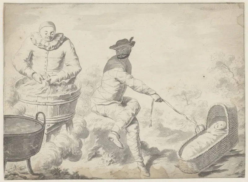 Scène uit de Commedia dell'Arte met Pierrot die de was doet Wall Art by Gerardus Josephus Xavery - High-Resolution Digital Print