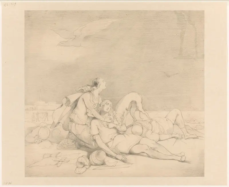 Scène uit een middeleeuws verhaal: bewening van een man door zijn beminde op het slagveld Wall Art by Alexander Hugo Bakker Korff - High-Resolution Digital Print