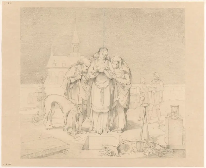 Scène uit een middeleeuws verhaal: de ouders en vrouw van de overledene rond het nog open graf Wall Art by Alexander Hugo Bakker Korff - High-Resolution Digital Print