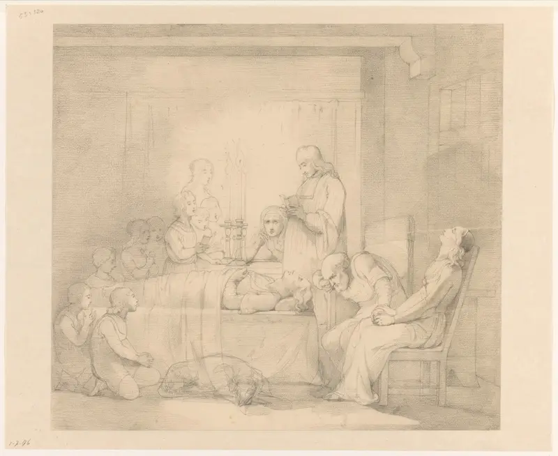 Scène uit een middeleeuws verhaal: rouwdienst bij het in het huis opgebaarde lichaam Wall Art by Alexander Hugo Bakker Korff - High-Resolution Digital Print