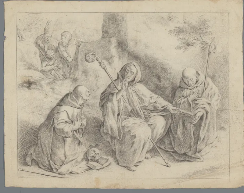 Scène uit het leven van een heilige met drie monniken, een bisschop en twee mannen Wall Art by anonymous - High-Resolution Digital Print