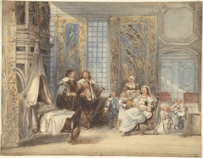 Scene with Family and Guest in Seventeenth-Century Interior Wall Art by Joseph Nash - High-Resolution Digital Print