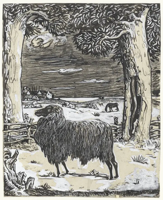 Schaap in een landschap met twee bomen Wall Art by Richard Nicolaüs Roland Holst - High-Resolution Digital Print