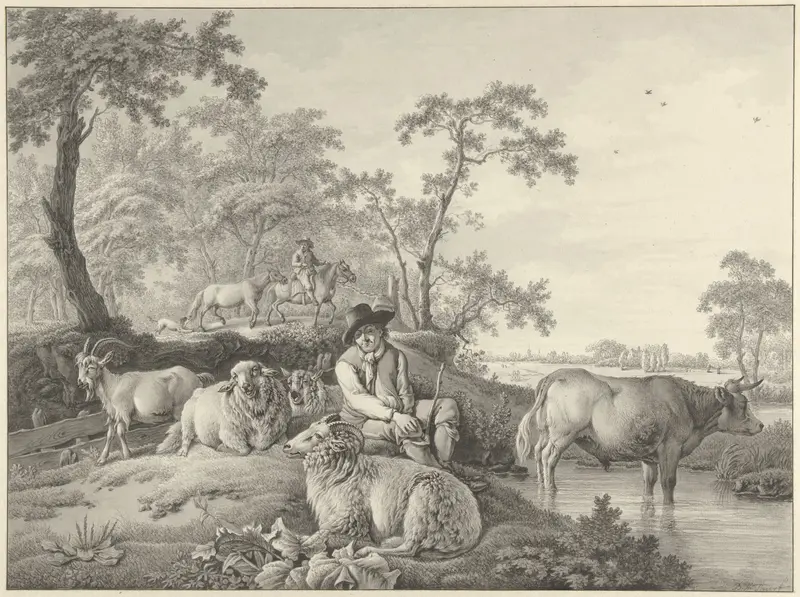 Schaapherder met schapen, een geit en een jonge stier in een landschap Wall Art by Unknown - High-Resolution Digital Print