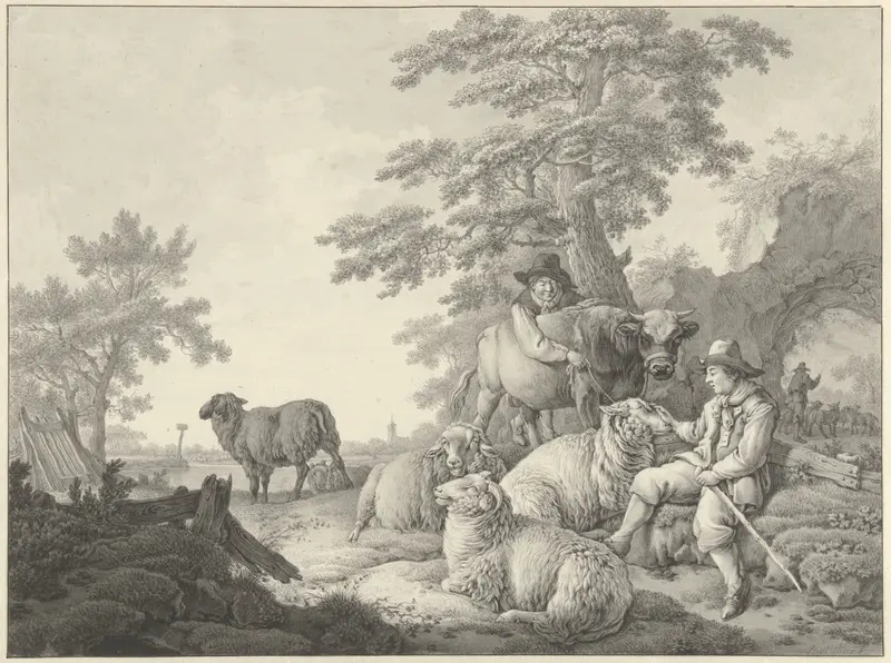 Schaapherder met schapen en een jongen met een jonge stier in een landschap Wall Art by Unknown - High-Resolution Digital Print