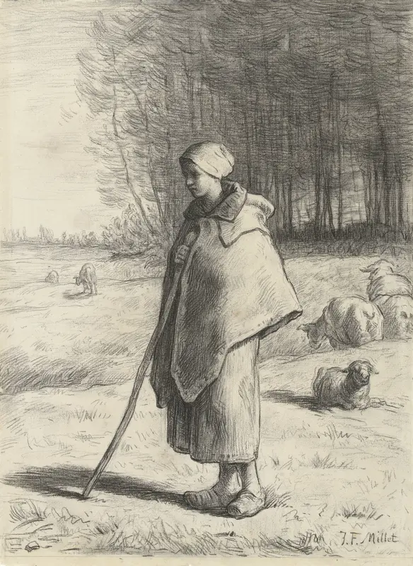 Schaapherderin, leunend op een stok Wall Art by Jean François Millet - High-Resolution Digital Print