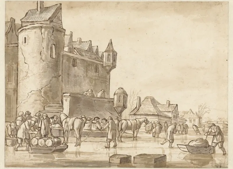 Schaatsenrijders en sleden voor een stadswal Wall Art by Nicolaes Molenaer - High-Resolution Digital Print