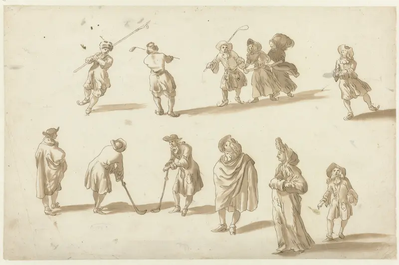 Schaatsers, kolfspelers en een heer en dame, gevolgd door een jongetje Wall Art by Ludolf Bakhuysen - High-Resolution Digital Print