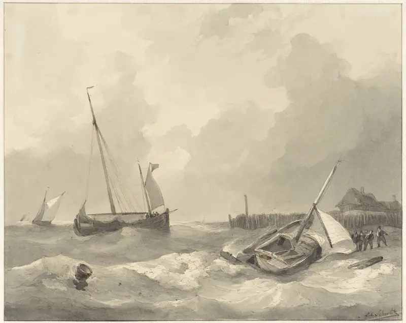Schepen aan de kust Wall Art by Johannes Christiaan Schotel - High-Resolution Digital Print