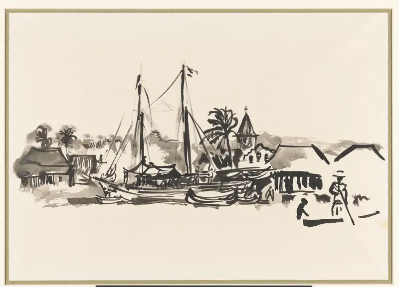 Schepen en dorp aan een rivier bij Colombo Wall Art by Q. Halbertsma - High-Resolution Digital Print