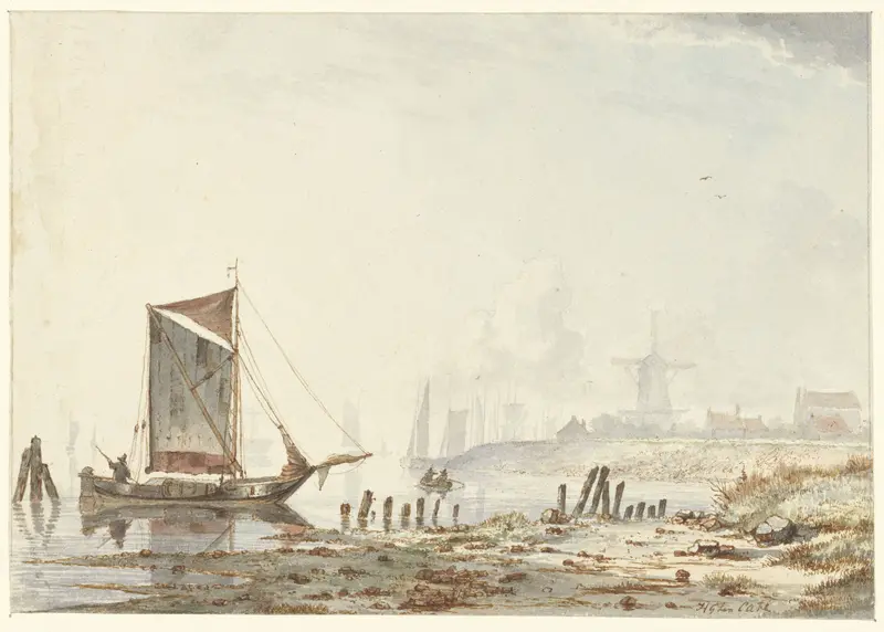 Schepen op een rivier, bij de oever Wall Art by Hendrik Gerrit ten Cate - High-Resolution Digital Print