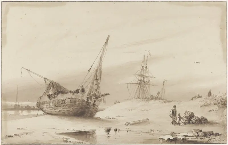 Schepen op het strand Wall Art by Petrus Paulus Schiedges (I) - High-Resolution Digital Print