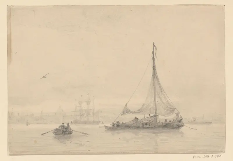 Schepen op het water, in de verte het profiel van een stad Wall Art by Willem Anthonie van Deventer - High-Resolution Digital Print