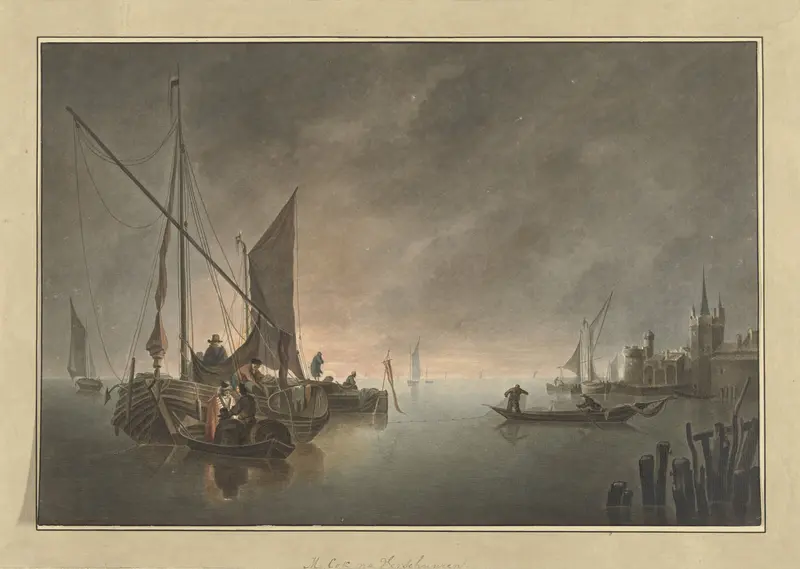 Schepen voor een omwalde stad bij ondergaande zon Wall Art by Jan Matthias Cok - High-Resolution Digital Print